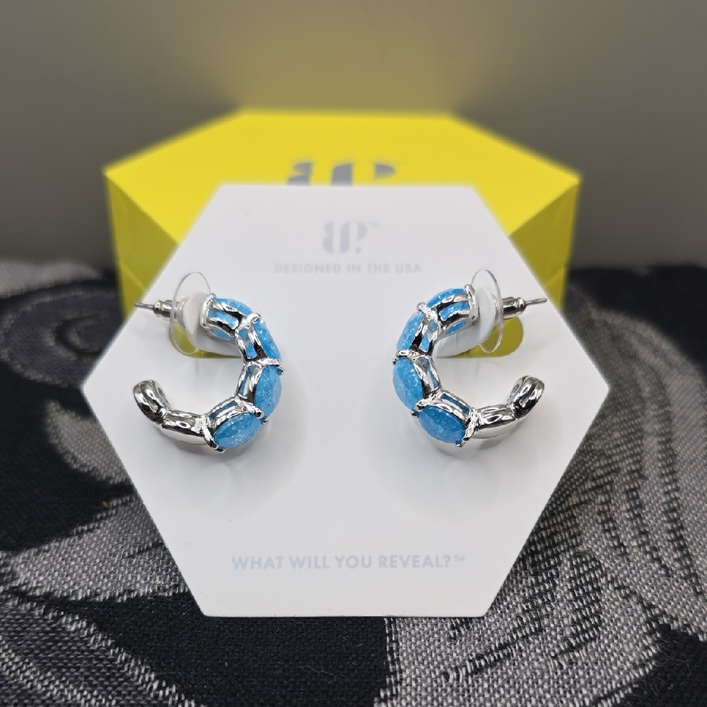 Bomb Party Lab Created Blue Topaz Ice Crystal Earrings Rhodium "Stunning Sunset"